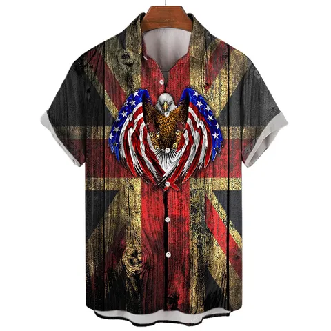 Men's Casual Short Sleeve Shirt American Flag Eagle 3D Print Lapel Single Breasted Summer Beach Vacation Top