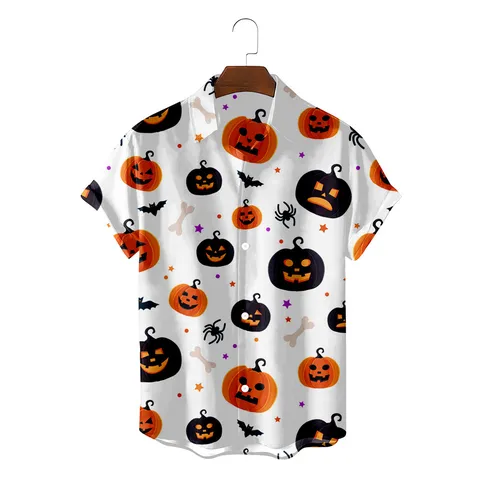 Men's Halloween Pumpkin Bat Print Hawaiian Beach Short Sleeve Shirt Casual Button Down Turn Down Collar Holiday Top