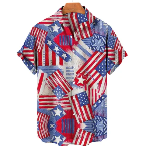 Men's Casual Short Sleeve Shirt American Flag Eagle 3D Print Lapel Single Breasted Summer Beach Vacation Top