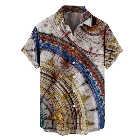 Men's Casual Short Sleeve Hawaiian Shirt Summer Turn Down Collar 3D Digital Printed Button Down Vacation Tops