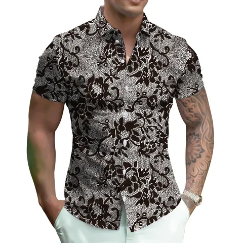 Men's Casual Short Sleeve 3D Digital Print Shirt Summer Lapel Single-Breasted Loose Fit Fashion Top