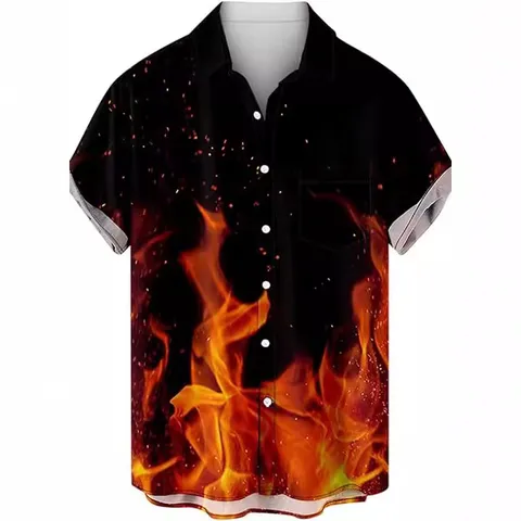 Herren Sommer Casual Kurzarm Umlegekragen Hemd 3D Flammenmuster Mode Hawaiianisches Strand Top