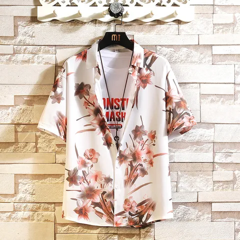 Men's Casual Hawaiian Floral Print Short Sleeve Shirt Summer Loose Oversized Turn-Down Collar Cardigan Beach Top