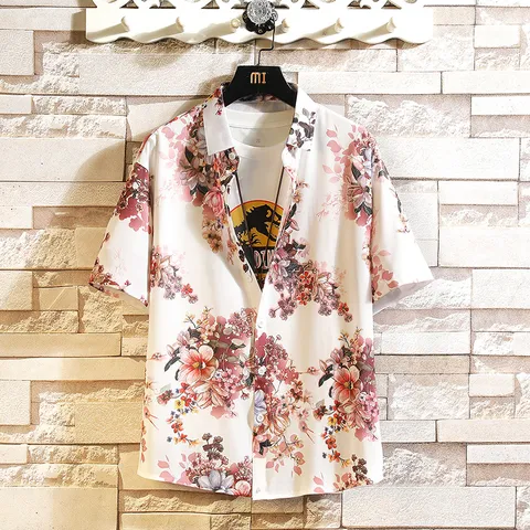 Men's Casual Hawaiian Floral Print Short Sleeve Shirt Summer Loose Oversized Turn-Down Collar Cardigan Beach Top