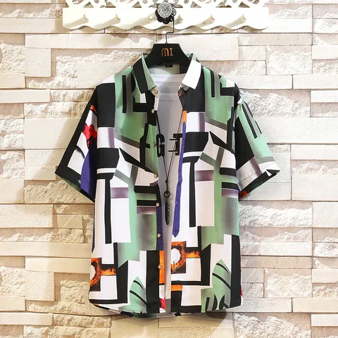 Men's Casual Short Sleeve Lapel Shirt Summer Beach Vacation Loose Fit Digital Printed Polyester Cardigan Top