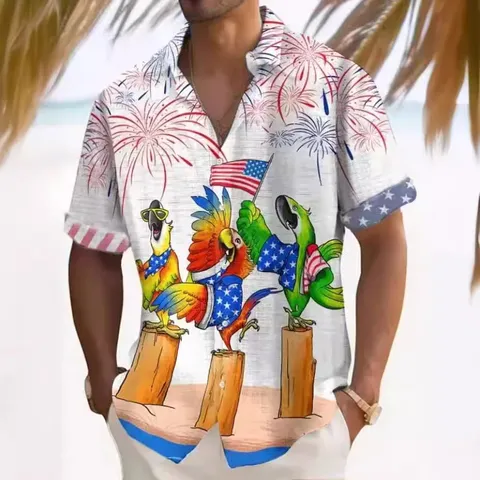 Men's Casual Short Sleeve Shirt Summer Loose Fit Turn-Down Collar Button Down Digital Print Vintage Holiday Shirt Top