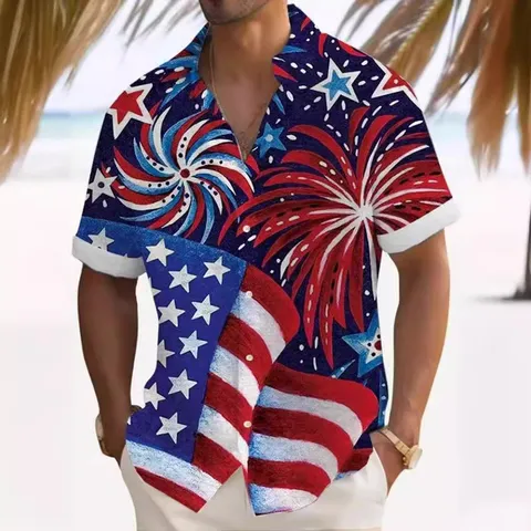 Men's Casual Short Sleeve Shirt Summer Loose Fit Turn-Down Collar Button Down Digital Print Vintage Holiday Shirt Top