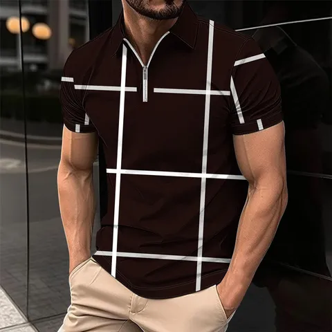 Men's Casual 3D Digital Printed Polo Shirt Short Sleeve Turn-Down Collar Zipper Geometric Pattern Top