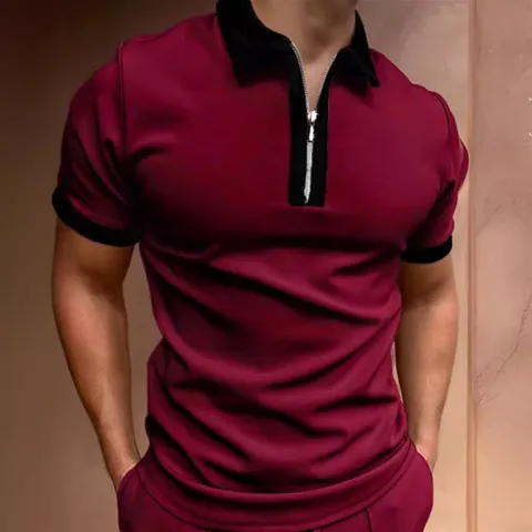 Men's Casual Short Sleeve Polo Shirt Color Block Zipper Lapel Slim Fit Breathable Summer Tee Top Fashion Clothing