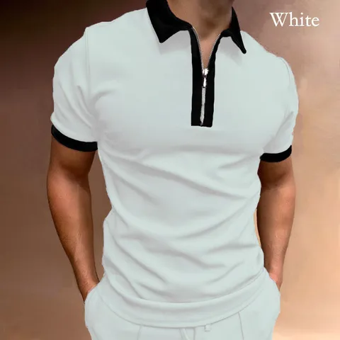 Men's Casual Short Sleeve Polo Shirt Color Block Zipper Lapel Slim Fit Breathable Summer Tee Top Fashion Clothing