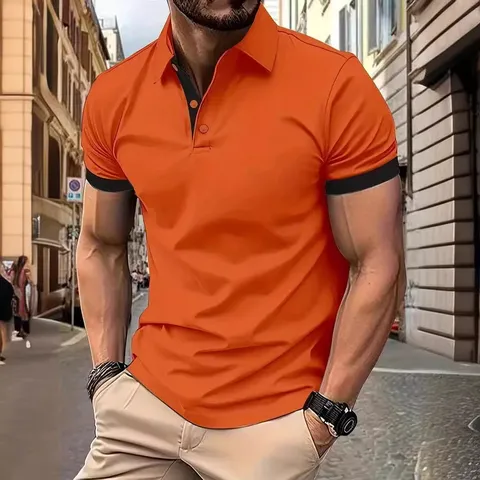 Men's Casual Digital Printed Polo Shirt Short Sleeve Turn-Down Collar Slim Fit Contrast Color Breathable Summer Top