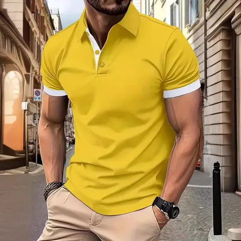 Men's Casual Digital Printed Polo Shirt Short Sleeve Turn-Down Collar Slim Fit Contrast Color Breathable Summer Top