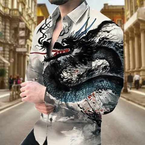 Men's 3D Printed Dragon Casual Long Sleeve Slim Fit Turn-down Collar Button Shirt Fashion Polyester Top