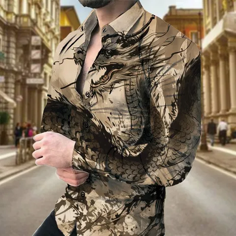 Men's 3D Printed Dragon Casual Long Sleeve Slim Fit Turn-down Collar Button Shirt Fashion Polyester Top