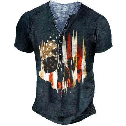 Men's Casual Henley T-Shirt Short Sleeve 3D Digital Print Streetwear Summer Polyester Breathable Top