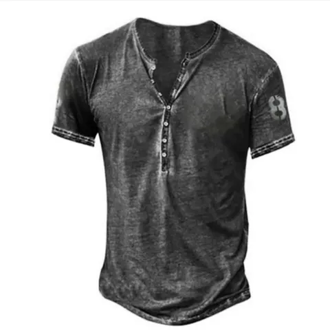Men's Vintage Henley T-Shirt Summer Casual Loose Fit Short Sleeve Digital Print Retro Graphic Tee Cotton Blend Top