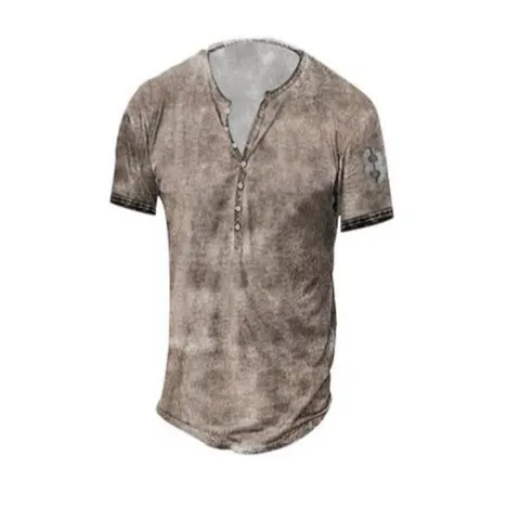 Men's Vintage Henley T-Shirt Summer Casual Loose Fit Short Sleeve Digital Print Retro Graphic Tee Cotton Blend Top