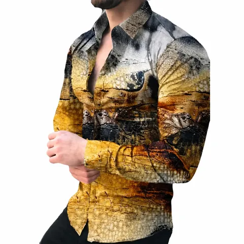 Men's Casual Long Sleeve Cardigan Shirt Printed Lapel Single Breasted Spring Autumn Fashion Streetwear Tops