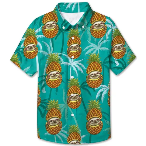 Camisa de Manga Corta de Verano para Niños Impresión Digital 3D de Piña Fruta Top Casual Cuello de Solapa para Niños Niñas Ropa de Poliéster