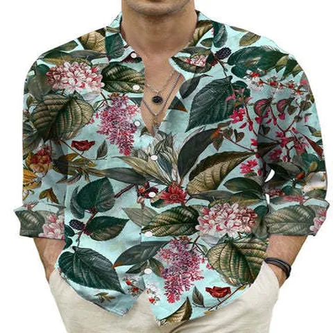 Men's Casual Long Sleeve Shirt 3D Digital Printed Tropical Floral Lemon Graphic Button Down Turn-Down Collar Top