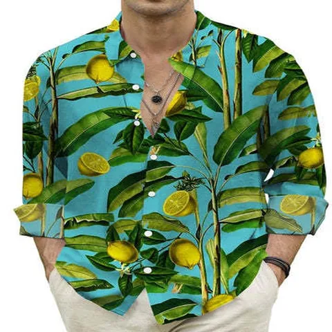 Men's Casual Long Sleeve Shirt 3D Digital Printed Tropical Floral Lemon Graphic Button Down Turn-Down Collar Top
