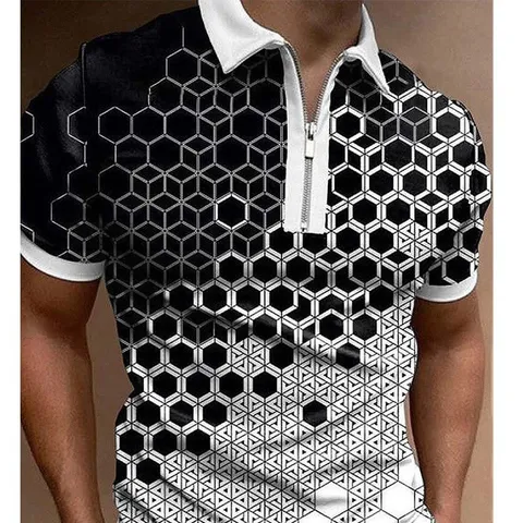 Men's Casual 3D Graphic Printed Polo Shirt Summer Short Sleeve Lapel Collar Zip Up Polyester Top For Daily Outdoor Fashion