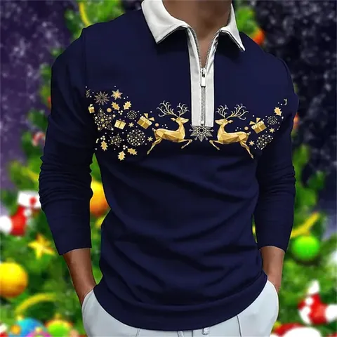Herren Weihnachten Bedrucktes Langarm Polo-Hemd Casual Viertelreißverschluss Golf Top Polyester Rentier Weihnachtsbaum Festliche Kleidung