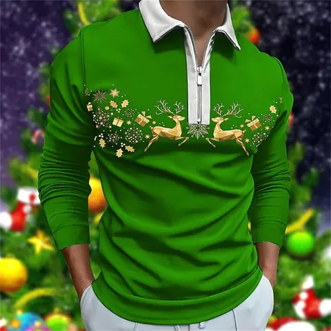 Herren Weihnachten Bedrucktes Langarm Polo-Hemd Casual Viertelreißverschluss Golf Top Polyester Rentier Weihnachtsbaum Festliche Kleidung