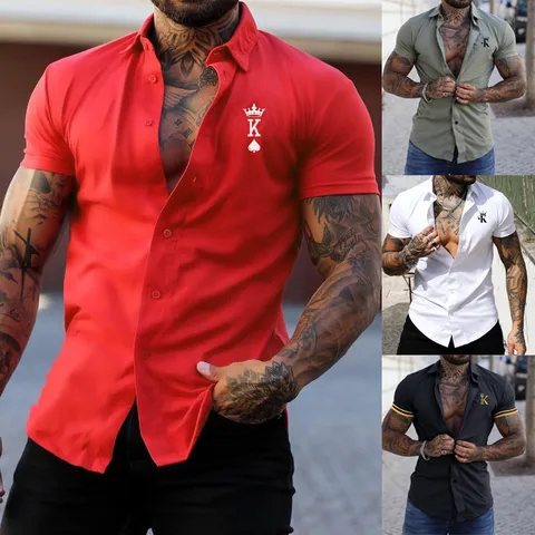 Men's Slim Fit Muscle Short Sleeve Shirt Poker K Crown Digital Print Casual Button Down Lapel Polyester Fitness Top