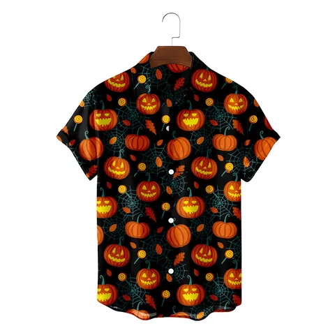 Men's Halloween Pumpkin Bat Print Hawaiian Beach Short Sleeve Shirt Casual Button Down Turn Down Collar Holiday Top