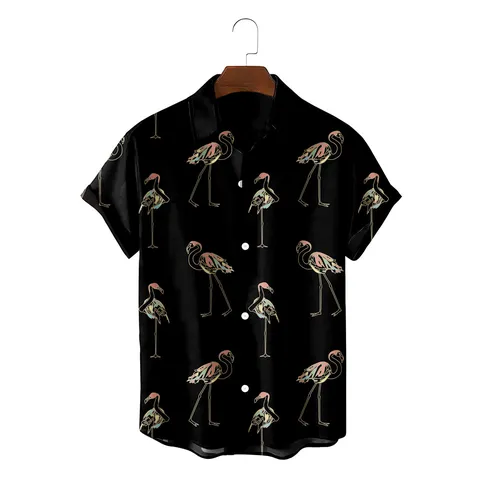 Men's Hawaiian Short Sleeve Shirt Polyester Flamingo Print Loose Casual Tropical Beach Holiday Button Down Top