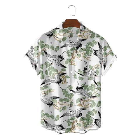 Men's Hawaiian Short Sleeve Shirt Polyester Flamingo Print Loose Casual Tropical Beach Holiday Button Down Top