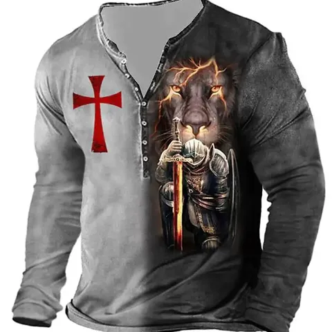 Men Henley Shirt Long Sleeve Knight Print Polyester Tee Vintage Crusader Button Graphic Top Casual Medieval Apparel For Men