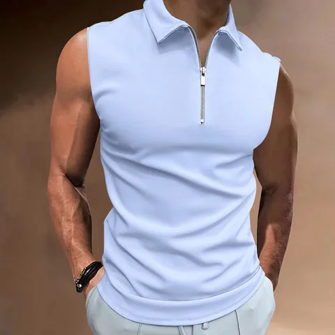 Polo Senza Maniche Casual da Uomo Tinta Unita Colletto Rovesciato Design con Cerniera Traspirante Poliestere Top Sportivo Estivo per Tutti i Giorni