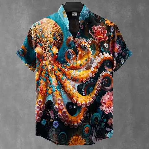 Men's Casual Short Sleeve Shirt Stand Collar Linen Slub 3D Digital Print Button Down Beach Summer Top