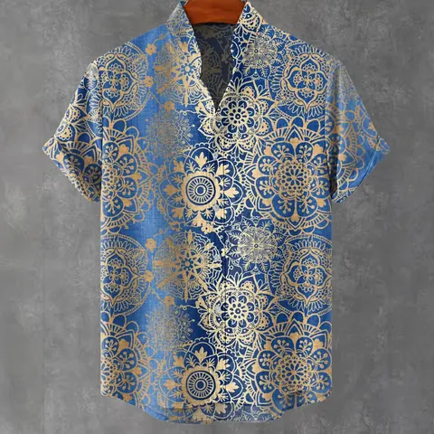 Men's Casual Short Sleeve Shirt Stand Collar Linen Slub 3D Digital Print Button Down Beach Summer Top