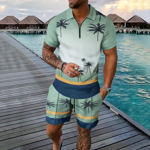 Men Summer Casual Short Sleeve Polo Shirt And Shorts Set Tropical Printed Top And Bottom Sporty Two Piece Outfit For Vacation Beach