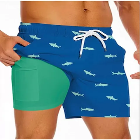 Men Summer Beach Double Layer Shorts Fashion Digital Shark Print Swim Trunks Quick Dry Loose Casual Board Shorts Bottom