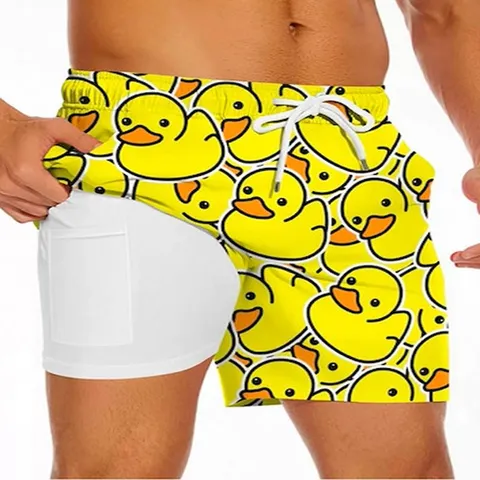 Men Quick Dry Double Layer Swim Shorts Cartoon Animal Print Beachwear With Side Pocket Drawstring Summer Men Board Shorts