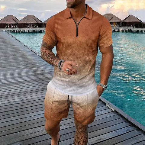 Men Casual Summer Suit Gradient Polo T-Shirt And Shorts Set Polyester Geometric Printed Zipper Neck Sporty Short Sleeve Top And Bottom