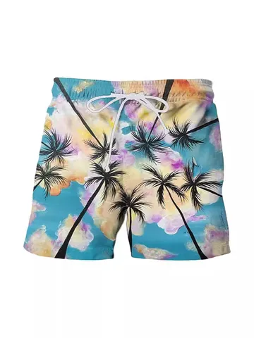 Men Tropical Print Beach Shorts 3D Digital Printed Polyester Board Shorts With Drawstring Elastic Waist Summer Casual Swim Trunks