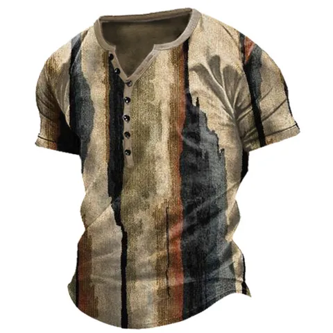 Men Streetwear 3D Digital Print Short Sleeve Henley Shirt 7-Button Placket Vintage Map Skull Graphic Tee Summer Breathable Casual Top