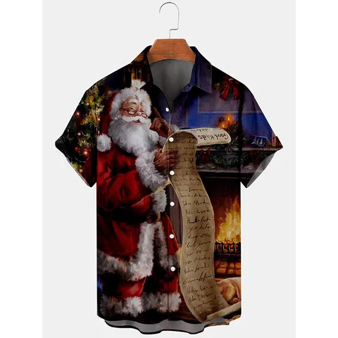 Men Christmas 3D Print Shirt Short Sleeve Button Down Lapel Casual Holiday Party Streetwear Top