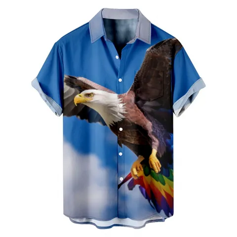 Men Casual 3D Digital Print Short Sleeve Shirt American Flag Eagle Statue Of Liberty Pattern Polyester Breathable Fashion Top