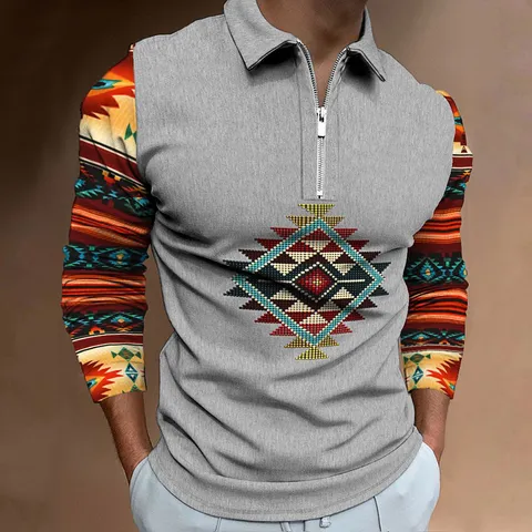 Men Long Sleeve Polo Shirt Geometric Ethnic Print Half Zip Casual Fashion Streetwear Polyester Top For Spring Autumn