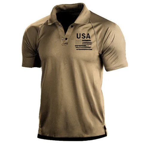 Herren Outdoor Taktik Polohemd Retro Kontrastfarbe Kurzarm Atmungsaktiv Polyester USA Flagge Druck Lässiges Sportoberteil