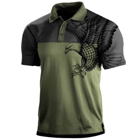 Herren Outdoor Taktik Polohemd Retro Kontrastfarbe Kurzarm Atmungsaktiv Polyester USA Flagge Druck Lässiges Sportoberteil