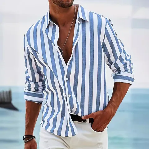 Men's Casual Long Sleeve Striped Shirt British Style Loose Non-Iron Turn-Down Collar Top