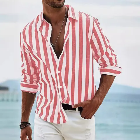 Men's Casual Long Sleeve Striped Shirt British Style Loose Non-Iron Turn-Down Collar Top