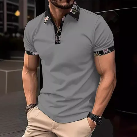 Men Casual Short Sleeve Polo Shirt 3D Digital Floral Printed Lapel Collar Button Up Polyester T-Shirt Smart Casual Top